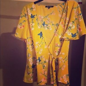 Shinestar Wrap Chiffon Mustard Yellow Floral Top